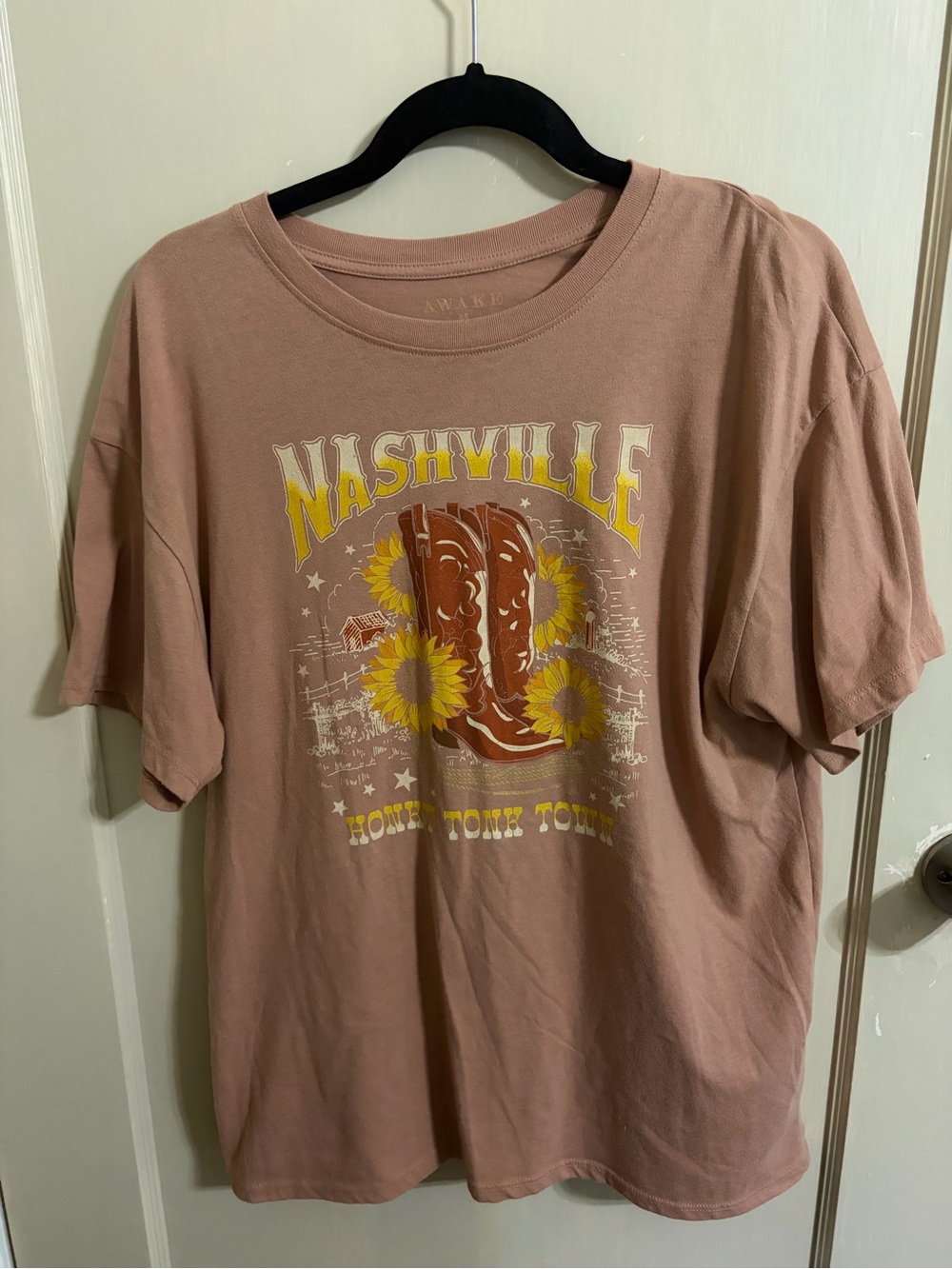 Awake Nashville Graphic Tee — Dusty Rose with Yellow Accents